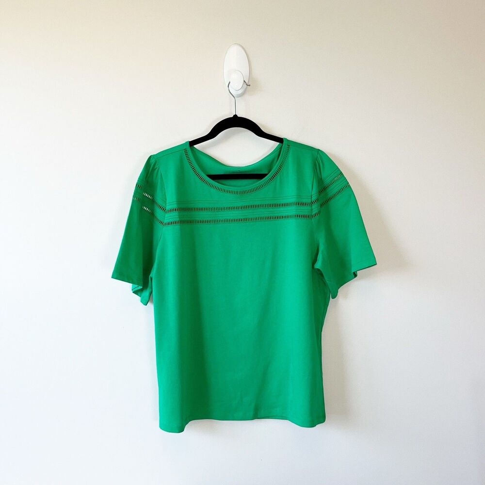 Talbots Ladder Stitch Crewneck T-Shirt Bright Green 100% Cotton Size 1X NWOT's - Picture 2 of 9